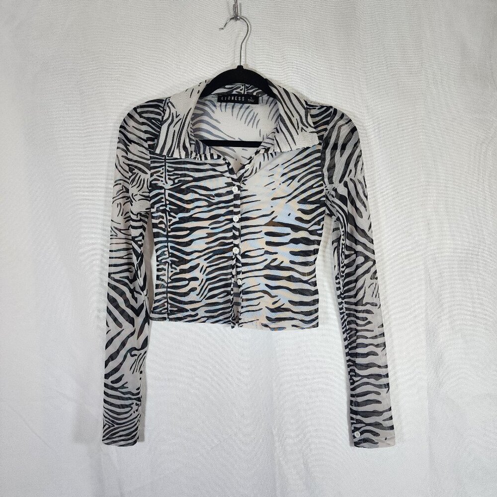 Lioness Crop Button Down Mesh Zebra Animal Print Size S